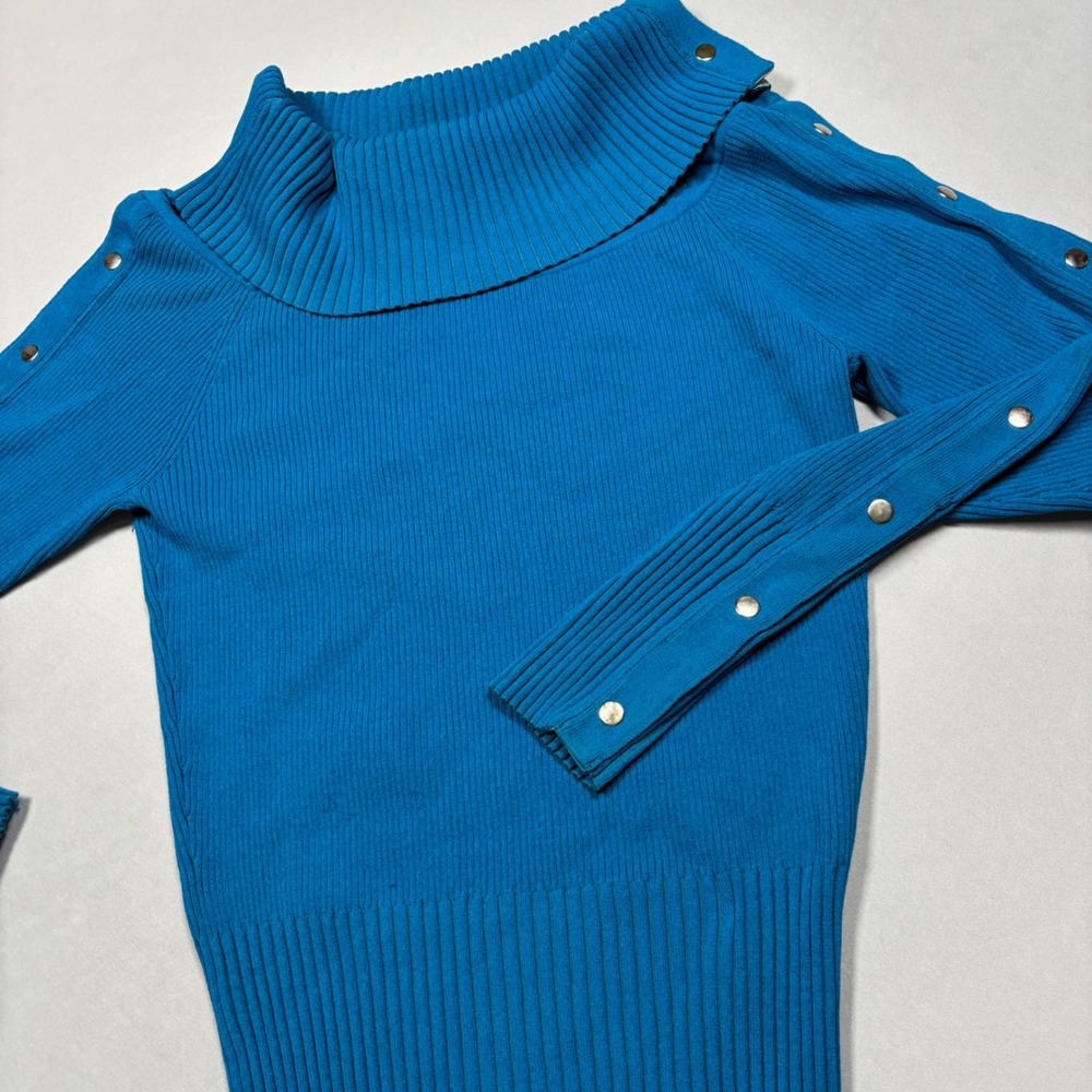 Cache Sweater Womens Large Blue‎ Ribbed Cowl Neck Snap Button Long Sleeve Ribbed